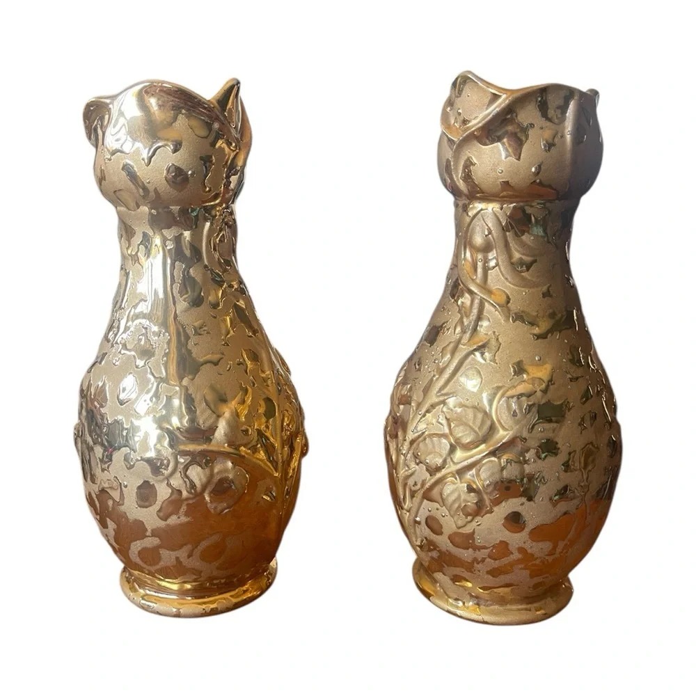Vtg Weeping 24K Gold Embossed Vases Ceramic Pair 7.5
